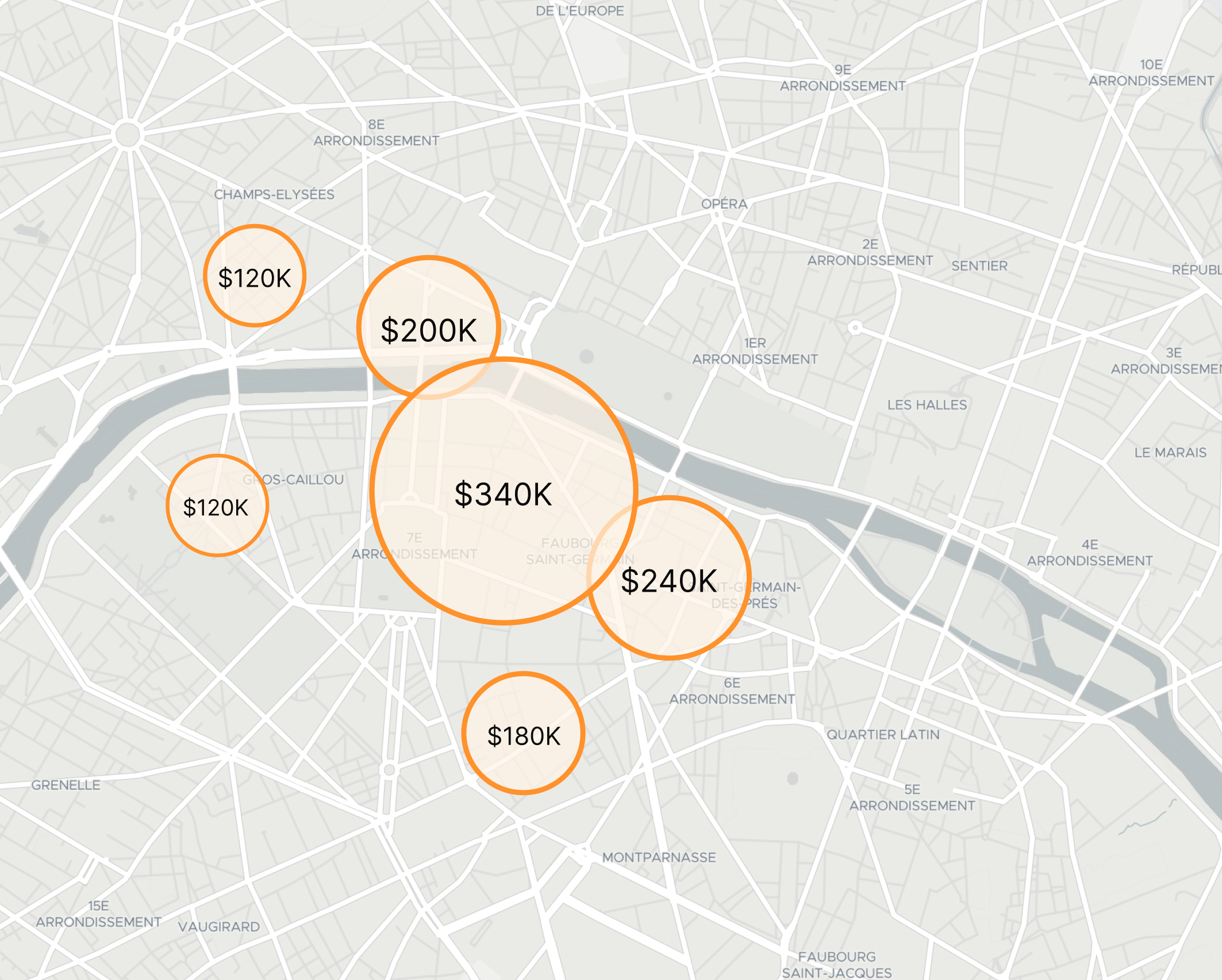 Data visualization map with revenue bubbles